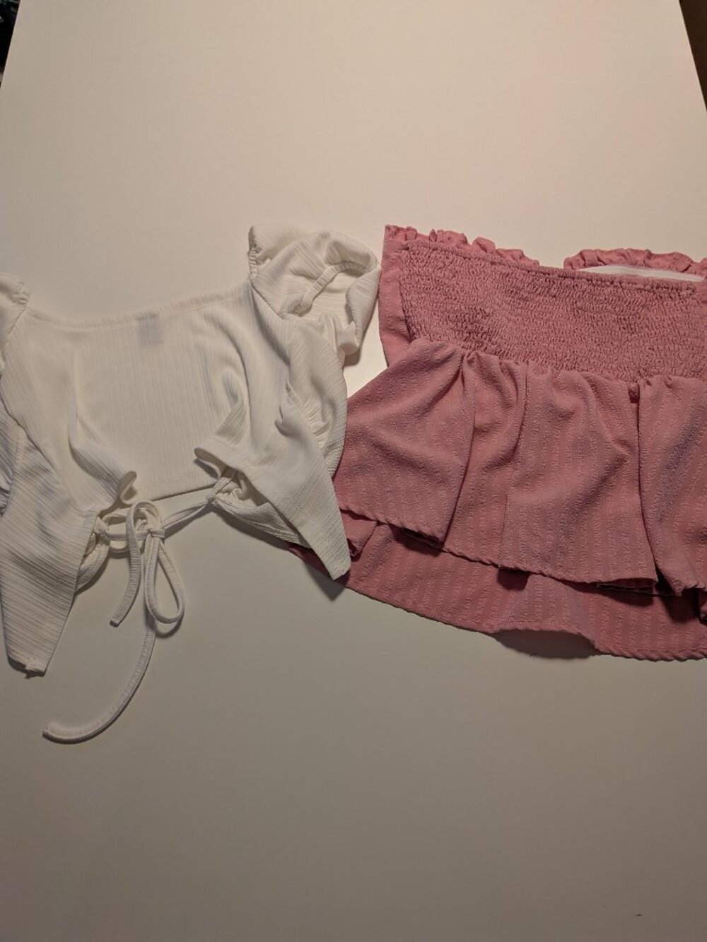 Shein Womens S Crop Top Bundle Pink Strapless Ruffle White Tie Front Puff Sleeve
